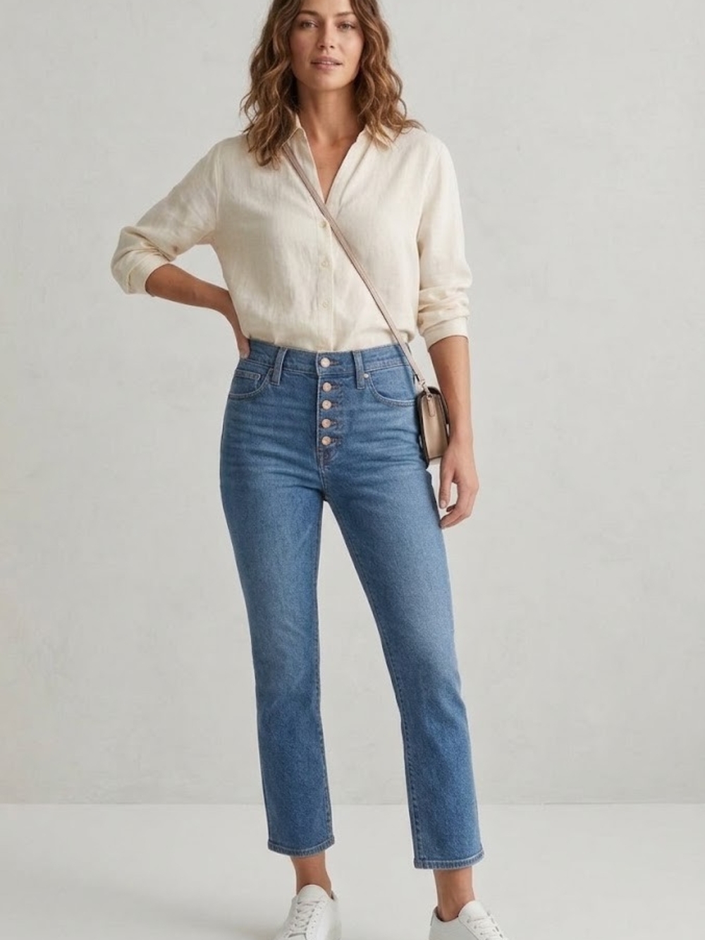 J. Crew High-Rise Button-Fly Jeans in Medium Blue